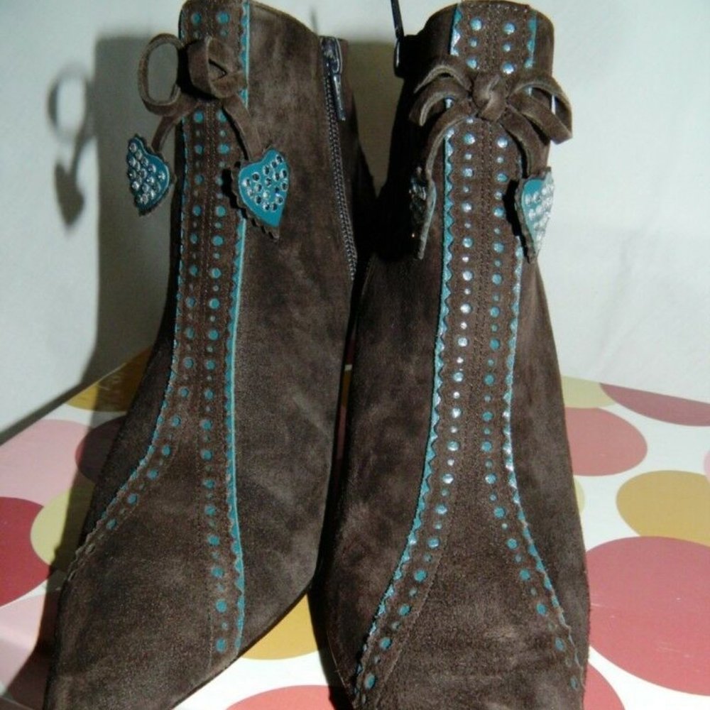 Richard Tyler Brown Suede Ankle Boots with Teal Detail, US Sz. 6 1/2 w/box